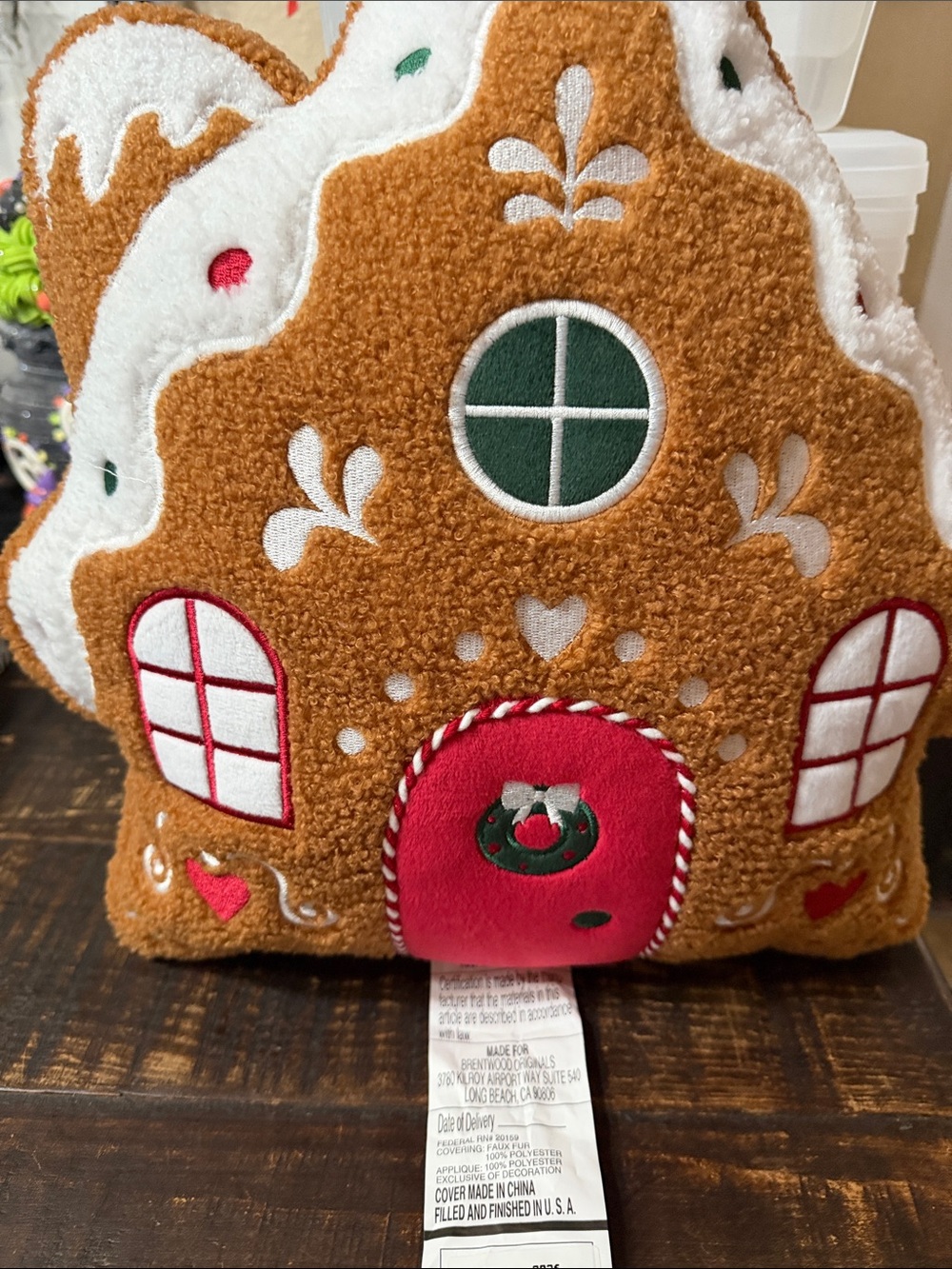Festive Gingerbread House Holiday Pillow - Red & Brown